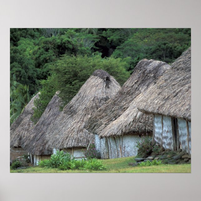 Poster Fidji, Viti, maisons traditionnelles de huttes. (Devant)