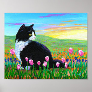 Poster Fields of Tulips Tuxedo Black Cat Art