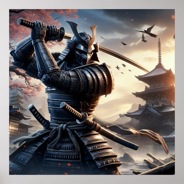 Poster Fierce Black Samurai Guerrier en armure traditionn (Devant)