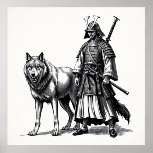 Poster Fierce Bond : Samurai et Wolf Charcoal Art