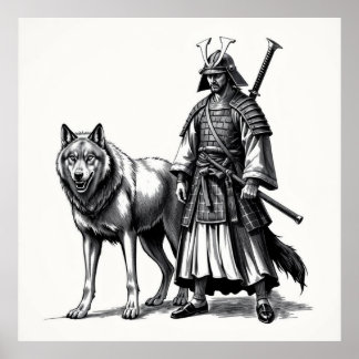 Poster Fierce Bond : Samurai et Wolf Charcoal Art