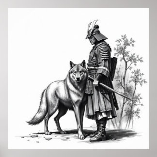Poster Fierce Bond : Samurai et Wolf Charcoal Art