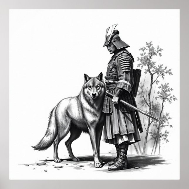 Poster Fierce Bond : Samurai et Wolf Charcoal Art (Devant)