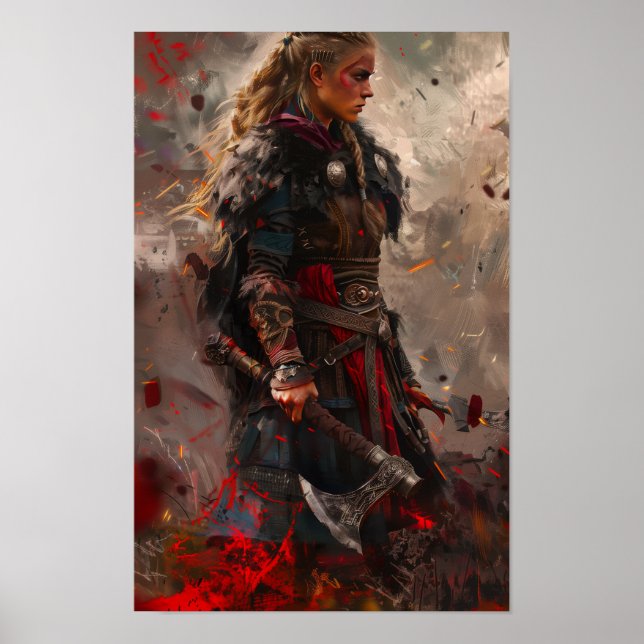 Poster Fierce Femelle Viking Guerrière tenant Viking Ax P (Devant)