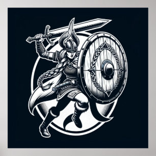 Poster Fierce Valkyrie Warrior - Norse Mythology Line Art