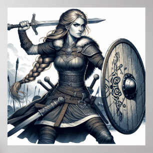 Poster Fierce Valkyrie Warrior - Norse Mythology Line Art