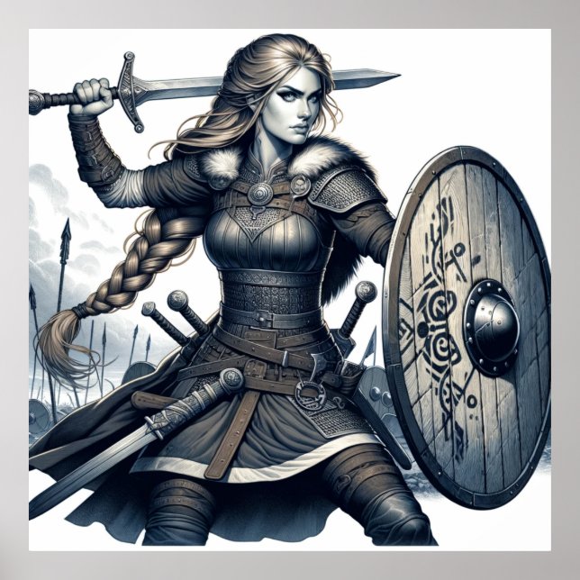 Poster Fierce Valkyrie Warrior - Norse Mythology Line Art (Devant)