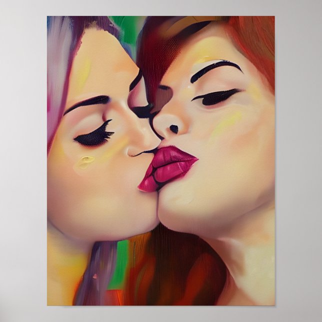 Poster Fierté aquarelle Deux femmes partagent un baiser (Devant)