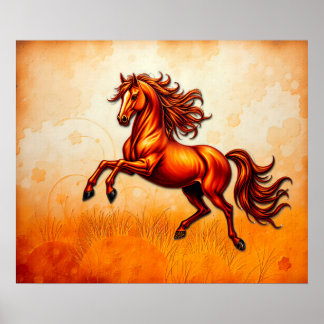 Poster Fiery Horse Leaps, Orange Gold, Artistic Grunge