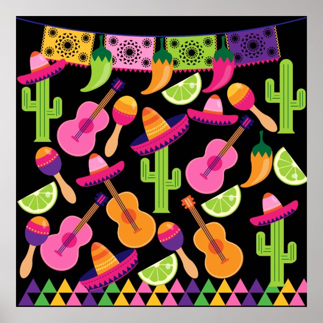 Poster Fiesta Party Sombrero Cactus Lims Peppers Maracas (Devant)