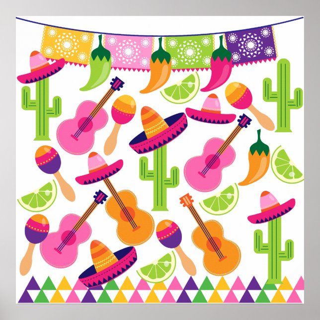 Poster Fiesta Party Sombrero Cactus Lims Peppers Maracas (Devant)