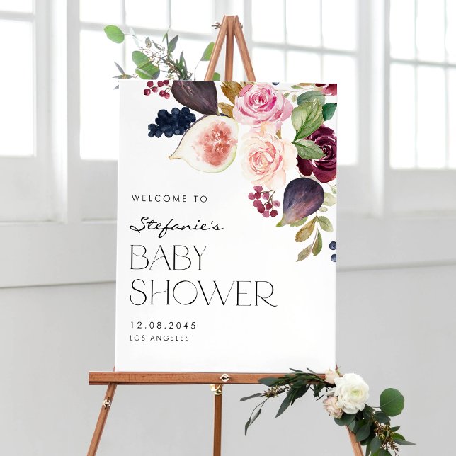 Poster Figes aquarelles et Baby shower floral Berry Fall (Botanical baby shower welcome sign with watercolor figs, berries and burgundy flowers.)