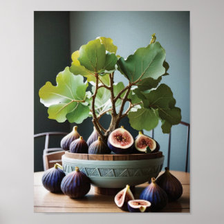 Poster Figes dans un Bol Bleu sur une table rustique