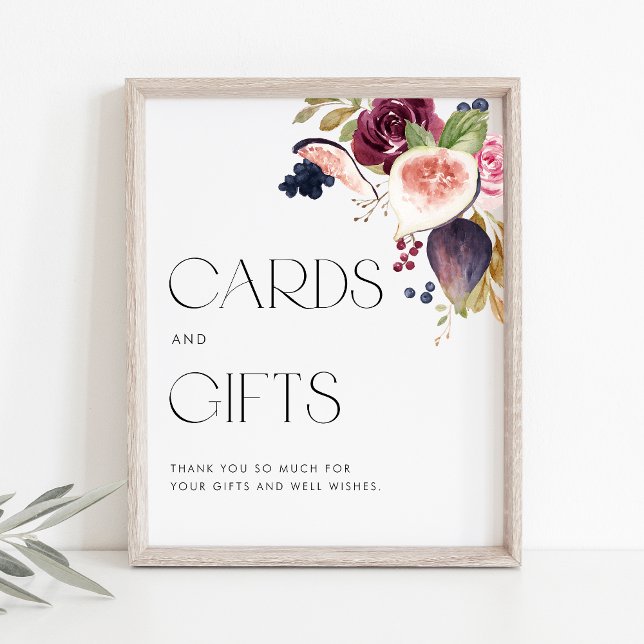 Poster Figs et Berry Floral cartes de mariage et cadeaux (Watercolor cards and gifts sign with watercolor figs, berries and flowers. Perfect for fall events.)
