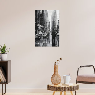 Poster Figure dans la pluie noir et blanc - art