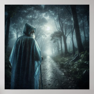 Poster Figure mystique dans une forêt brumeuse