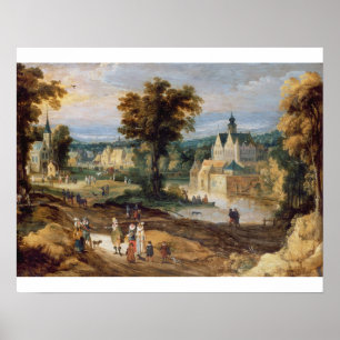 Poster Figures dans un paysage avec le bey de village et