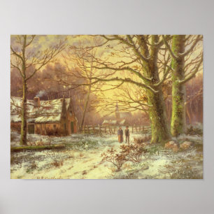 Poster Figures sur un chemin avant un village en hiver
