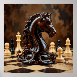 Poster Figurine de cheval d'échecs complexe entourée d'éc