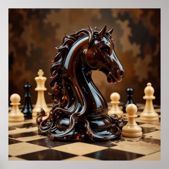 Poster Figurine de cheval d'échecs complexe entourée d'éc (Devant)