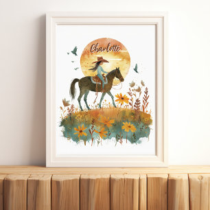 Poster Fille à cheval Coucher de soleil Nom personnalisé
