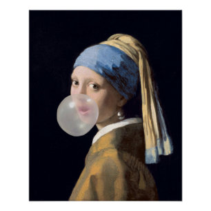 Poster Fille à oreille perle soufflant une gomme à bulles