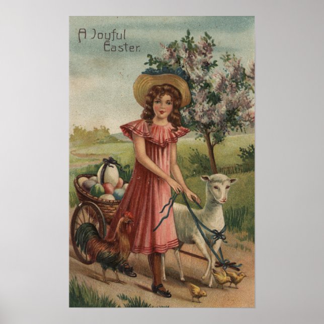 Poster Fille Agneau de marche, poussin et coq (Devant)