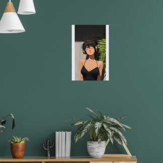Poster Fille Anime Minimaliste se Relaxant avec des Écout