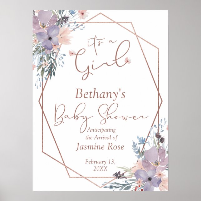 Poster Fille aquarelle Fleur sauvage Baby shower (Devant)