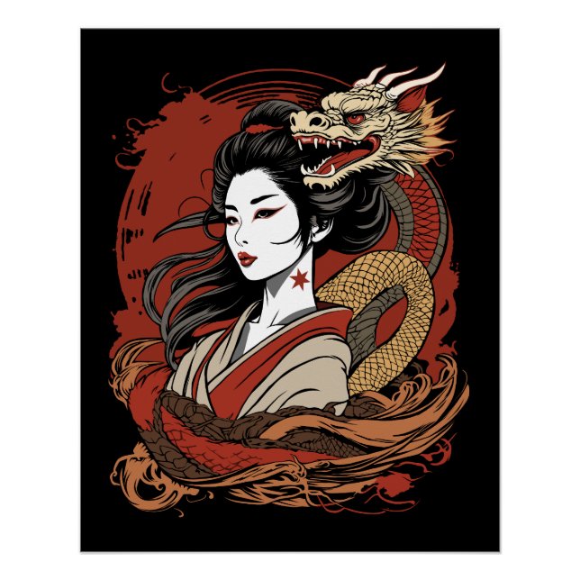 Poster Fille asiatique | Dragon chinois (Devant)