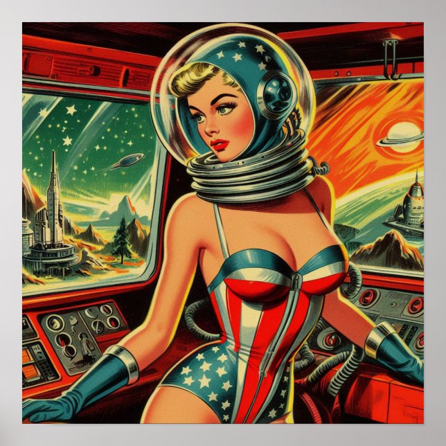 Poster Fille astronaute rétro (Devant)