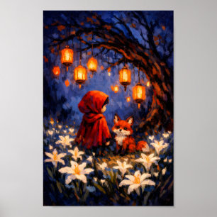 Poster Fille au Chaperon Rouge avec Renard dans la Forêt