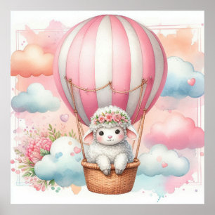 Poster Fille au mouton en montgolfière