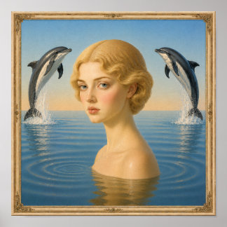Poster Fille aux dauphins