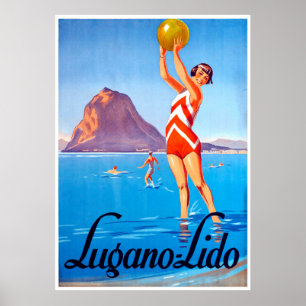 Poster Fille avec ballon de plage sur le lac de Lugano, S