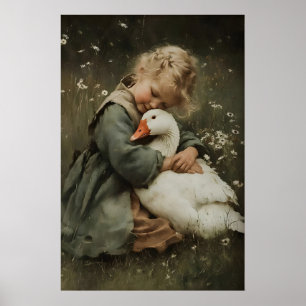 Poster Fille avec canard imprimable, Rustique Cottagecore