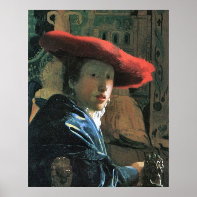 Poster Fille avec casquette rouge par Johannes Vermeer (Devant)