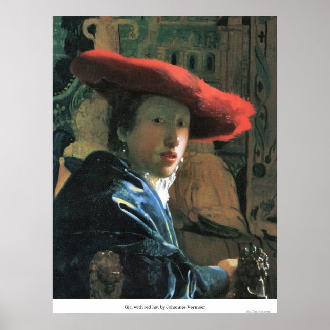Poster Fille avec casquette rouge par Johannes Vermeer (Devant)