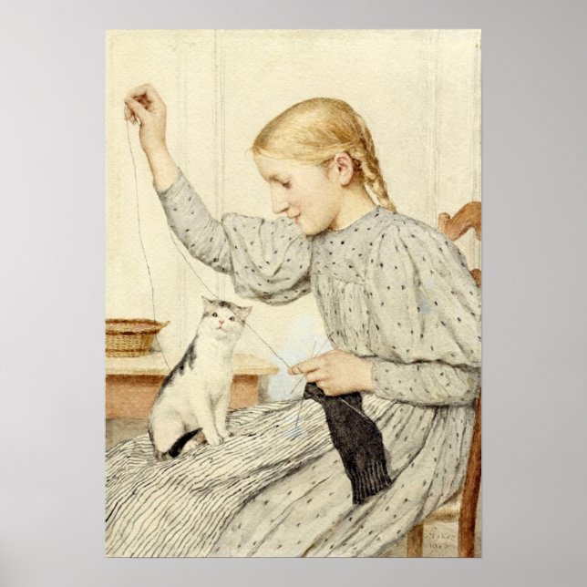 Poster Fille avec chat, Albert Anker (Devant)