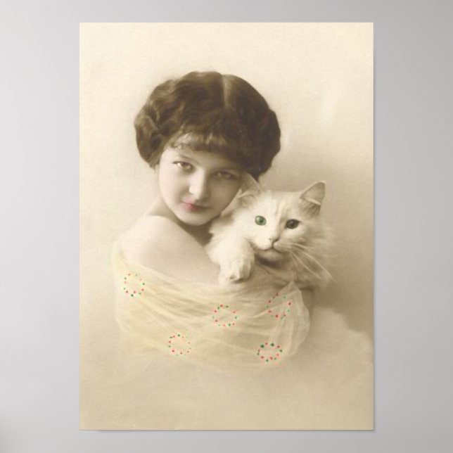 Poster Fille Avec Chat Art Vintage (Devant)