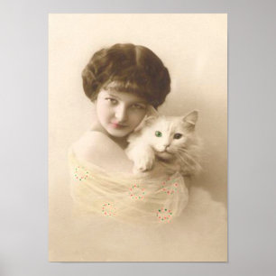 Poster Fille Avec Chat Art Vintage