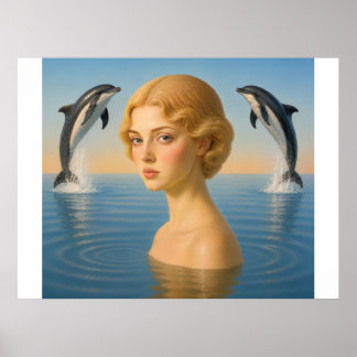 Poster FILLE avec DAUPHINS DANS L'OCEAN