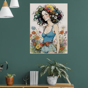Poster Fille avec Fleur arc-en-ciel dans ses cheveux