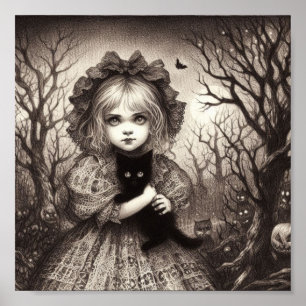 Poster Fille avec Kitten noir Éffrayant Halloween rétro