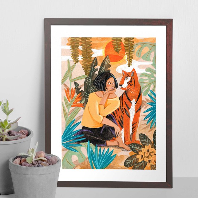 Poster Fille avec la jungle du coucher de soleil de tigre (Créateur téléchargé)