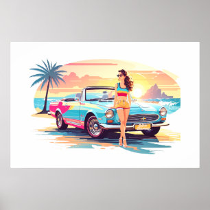 Poster Fille avec la voiture et la nature de rêve