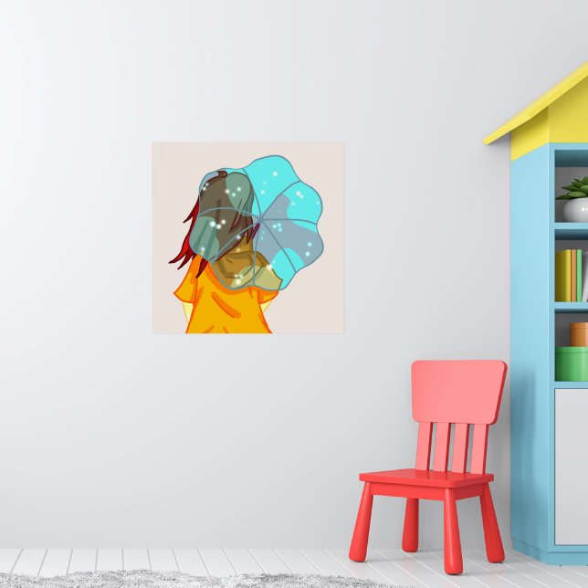 Poster Fille avec parapluie dans le dessin de pluie vent (Pépinière 1)