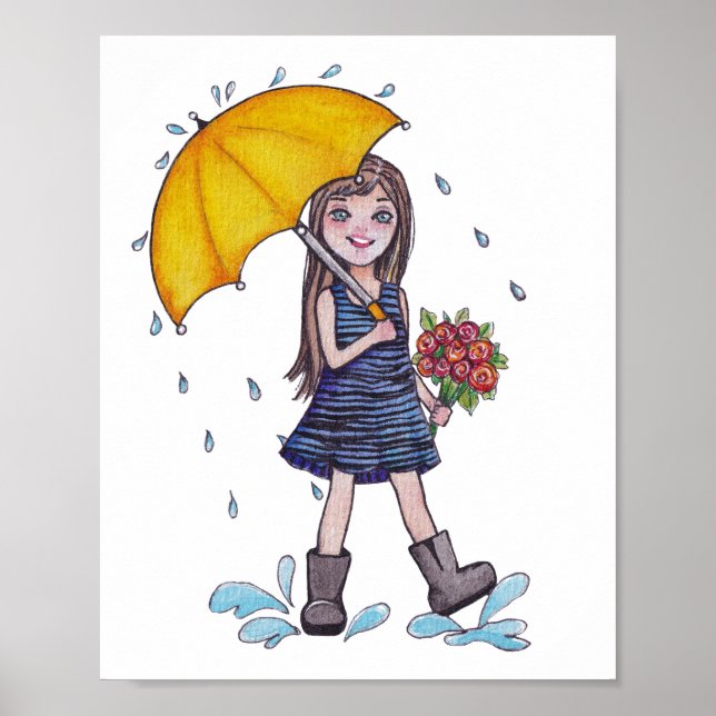 Poster Fille Avec Parapluie Jaune En Aquarelle (Devant)
