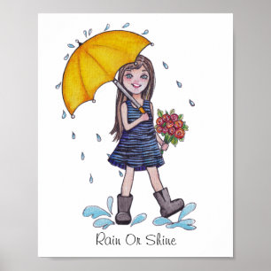 Poster Fille Avec Parapluie Jaune En Aquarelle