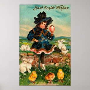 Poster Fille avec poussins et lapins Vintage Pâques